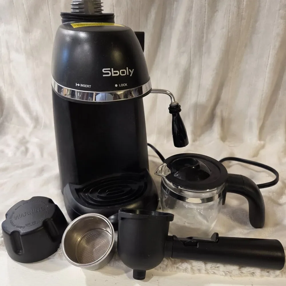 Sboly Black Espresso Machine for Ground Coffee 4-Cup Steam Wand Analog
